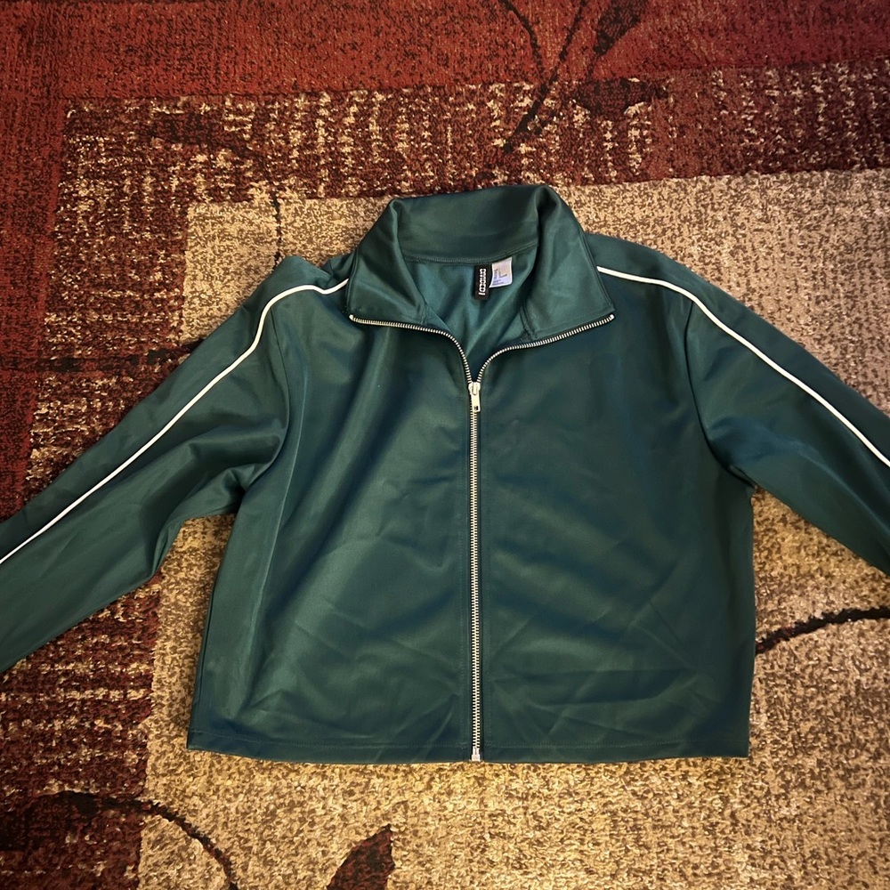 Green Zip-Up Jacket with White Piping
